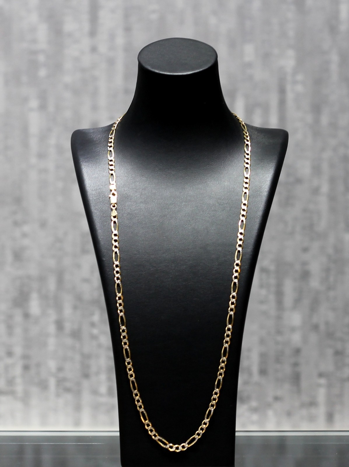 Solid 14K Two Tone Gold 4mm Diamond Cut Pave Figaro Chain Necklace 26″ 17.8g