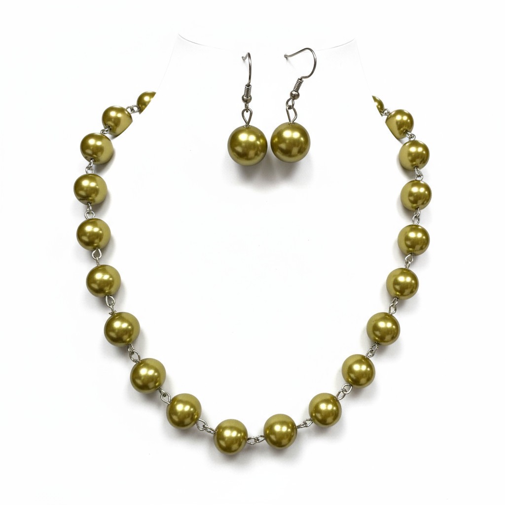 Light Green Glass Pearl Hand Crafted Silver Tone Finish Necklace Earring Set