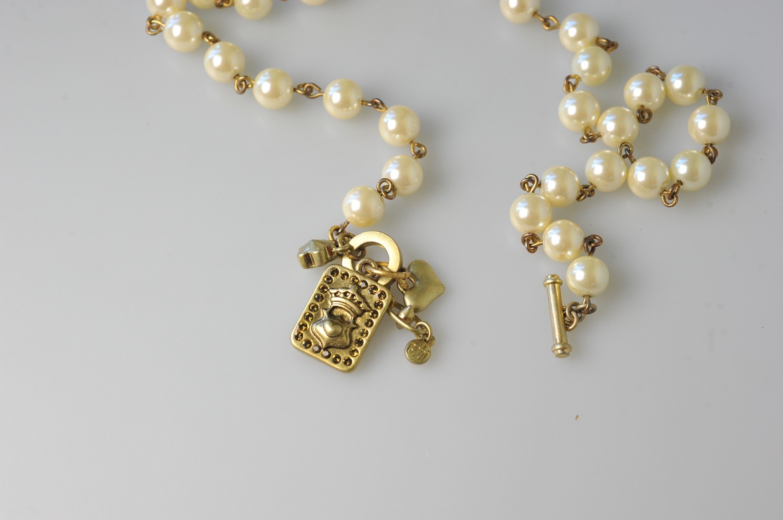 CAbi Necklace Gold Tone Rhinestone Faux Pearl charms dangle statement A
