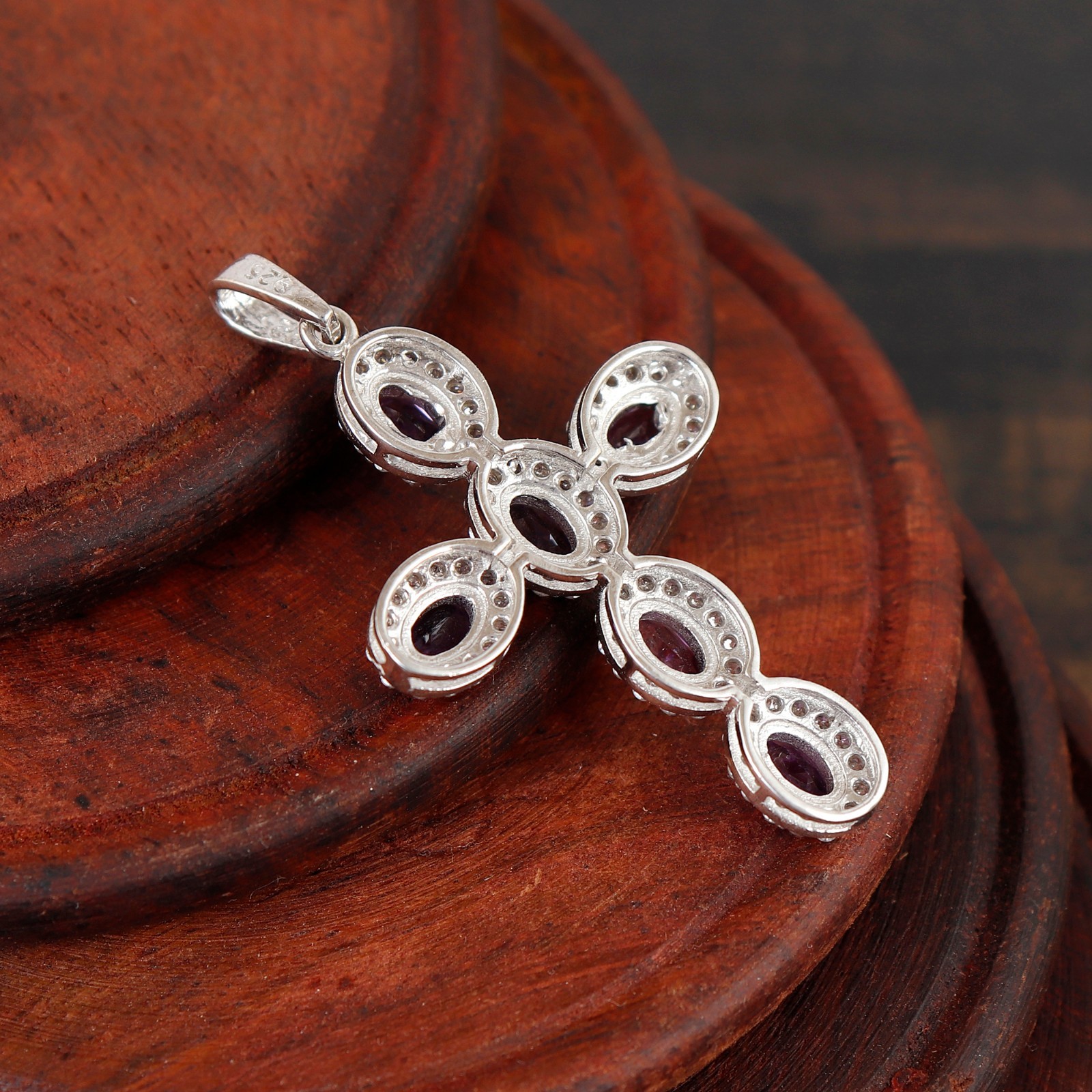 Cross Pendant Sterling Silver Oval Gemstone CZ accents Religious Charm Necklace