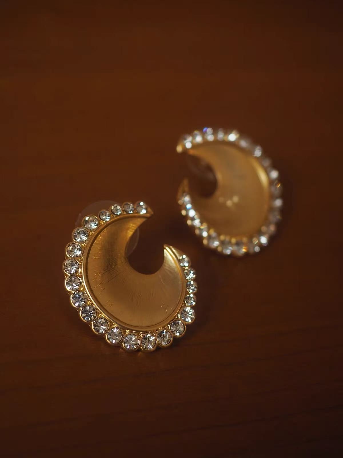 Gold Crystal Crescent Clip On Earrings Mid Century Statement Jewelry