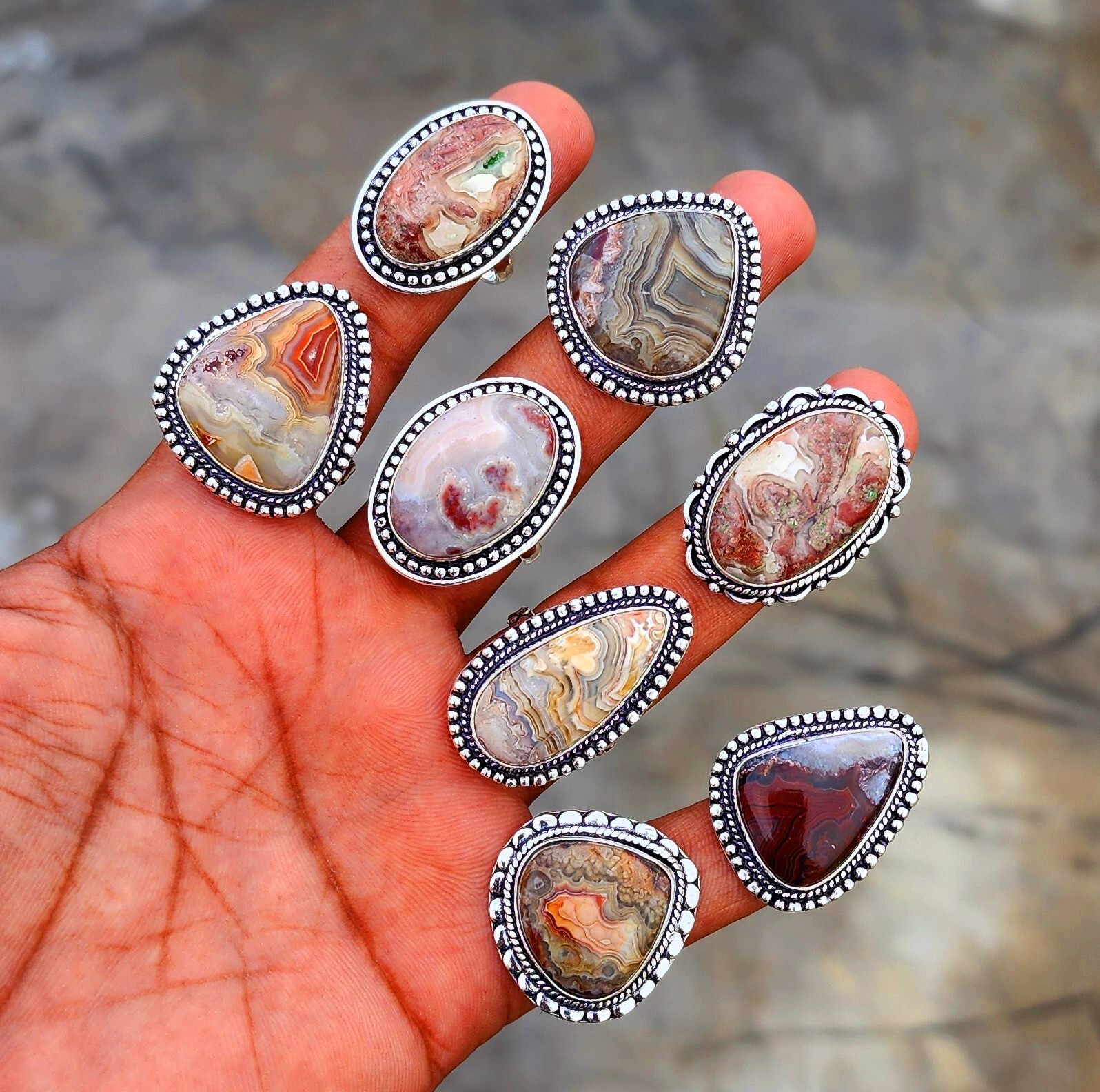 Natural Crazy Lace Agate Gemstone Handmade Rings Jewelry For women