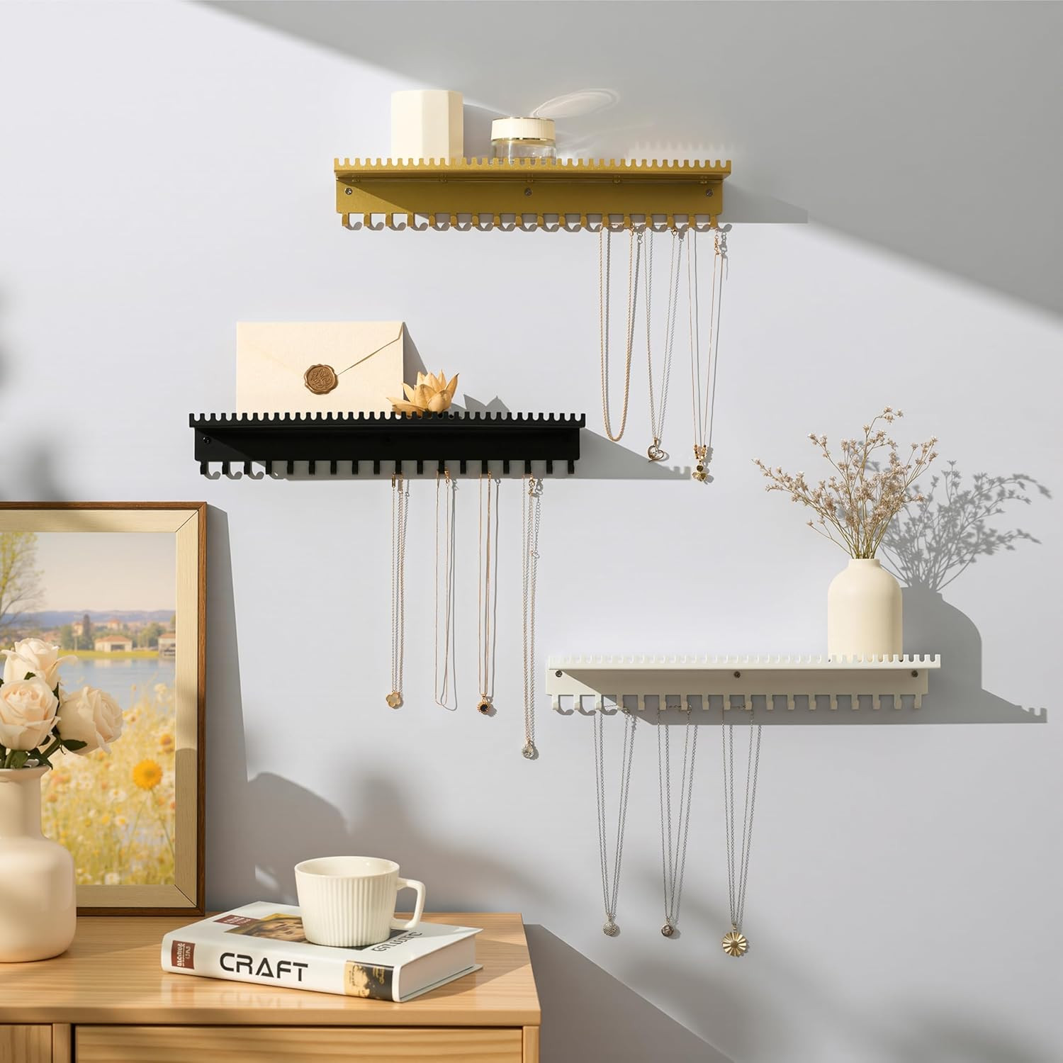 Necklace Holder Wall Hanging Organizer: Wall Mounted Jewelry Shelf with 56 Hooks