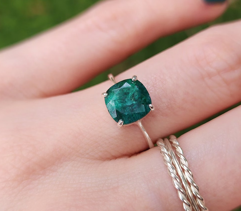 Genuine Cushion Cut Emerald Ring Vintage Emerald Jewelry Anniversary Gift Ring