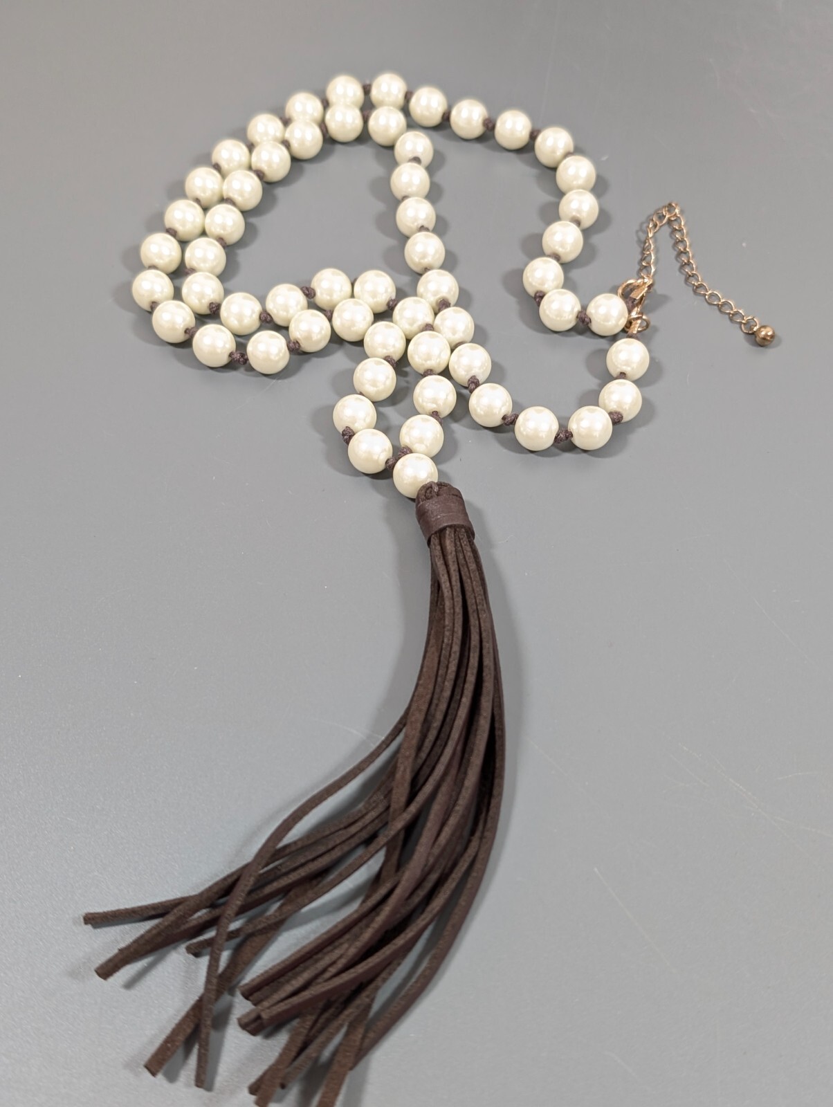 Retro Boho Ivory Color Glass Faux Pearl Brown Tassel Layering Necklace 33 in
