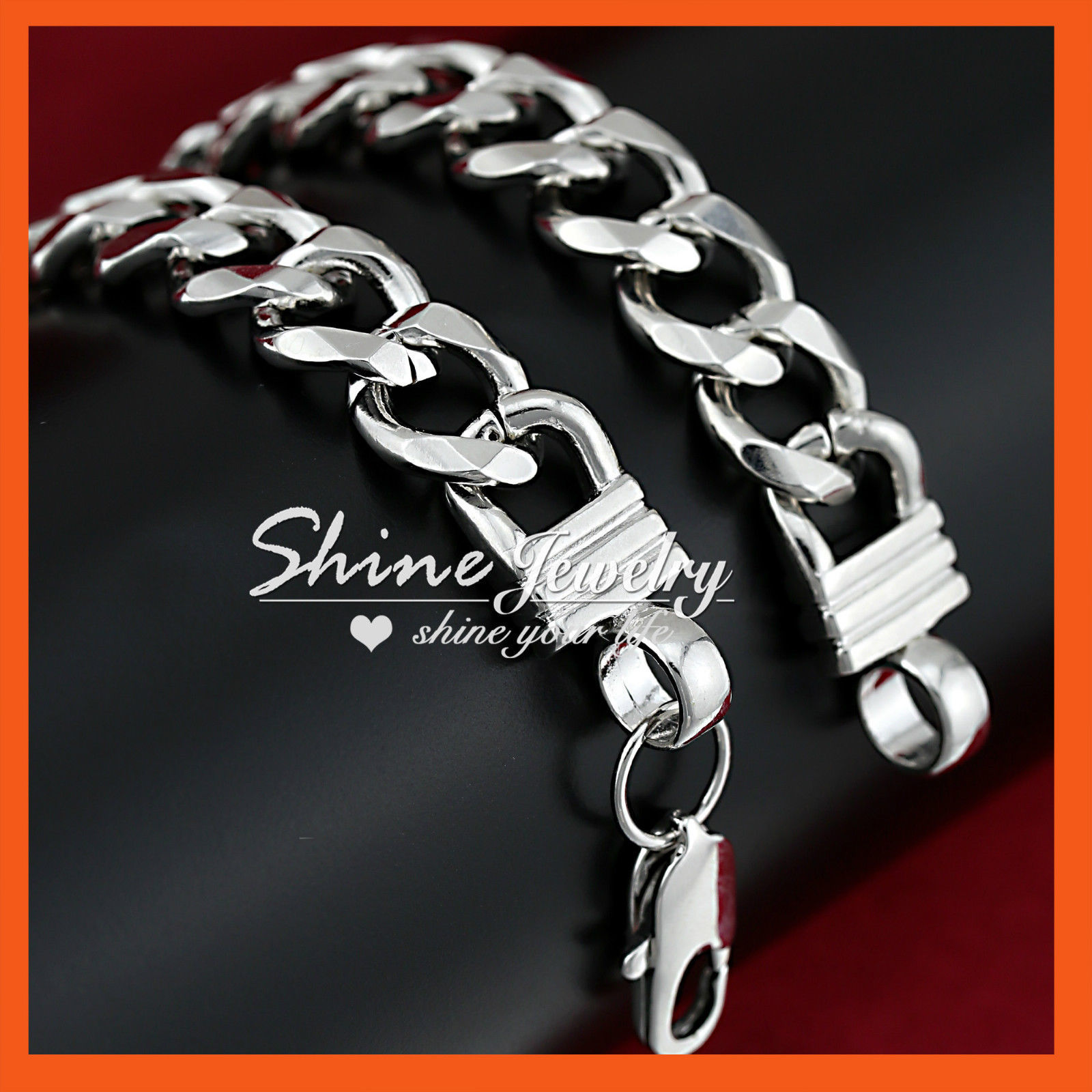 18K GOLD FILLED SILVER DIAMOND CUT WIDE RING CURB 23cm SOLID MENS WOMEN BRACELET