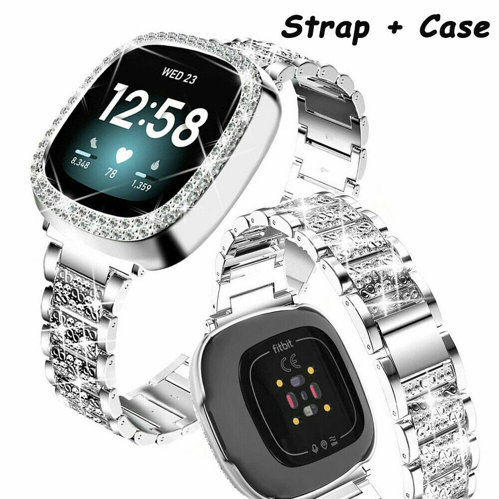 Bling Metal Watch Band Bracelet Strap With Diamond Case for Fitbit Versa 3/Sense