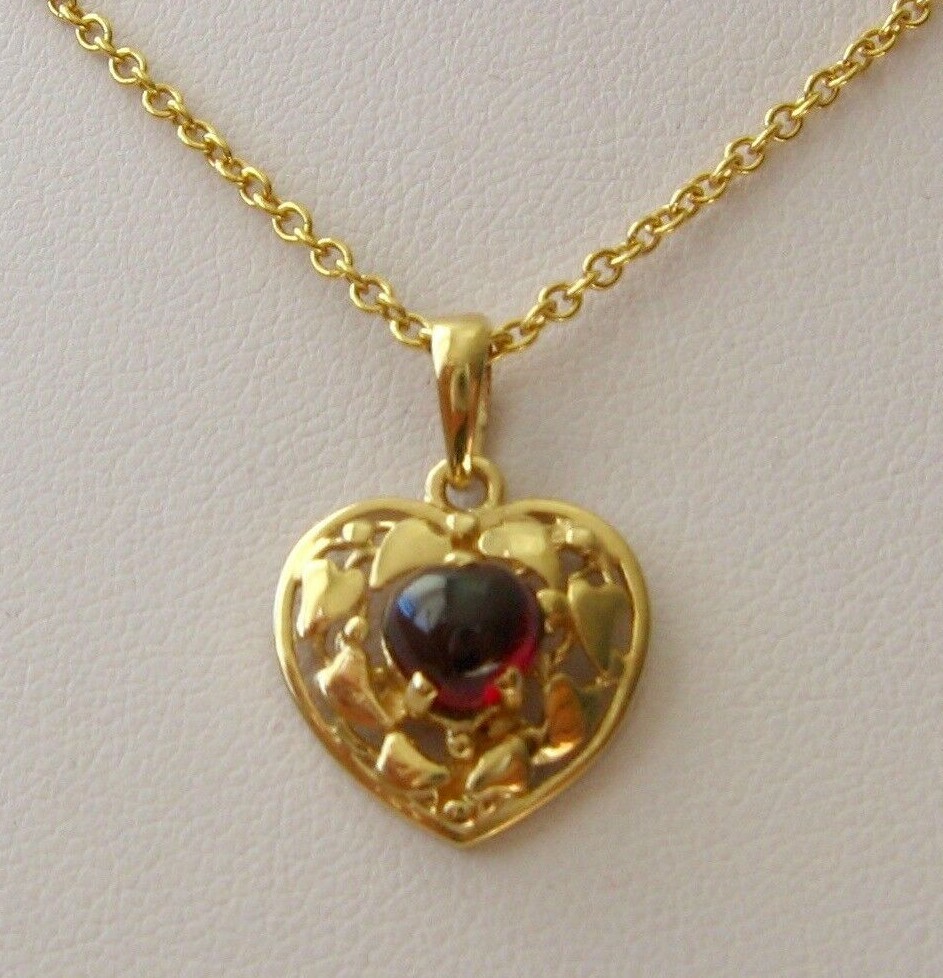 GENUINE SOLID 9K 9ct YELLOW GOLD LOVE HEART CABOCHON GARNET PENDANT GIFT