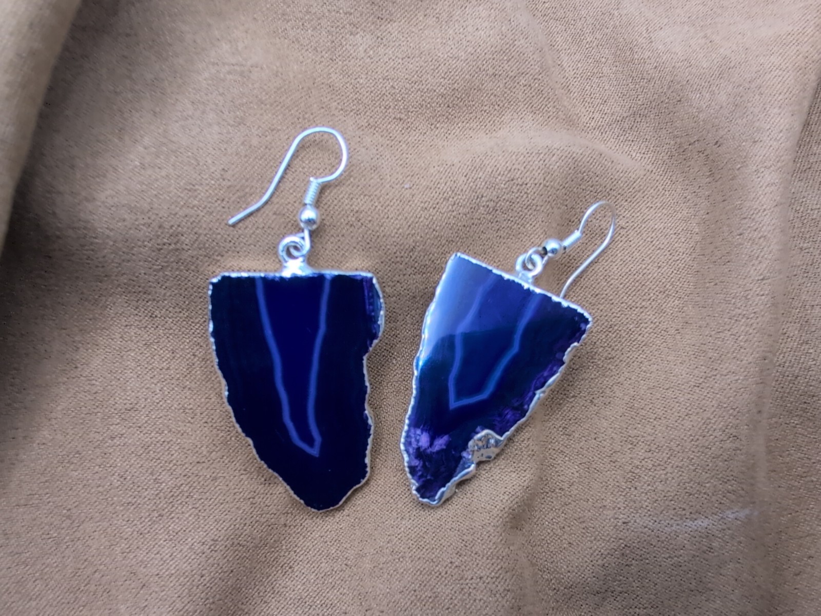 Natural Purple Agate Geode Slices Hook Earrings With Silver Plated Edge Brazil