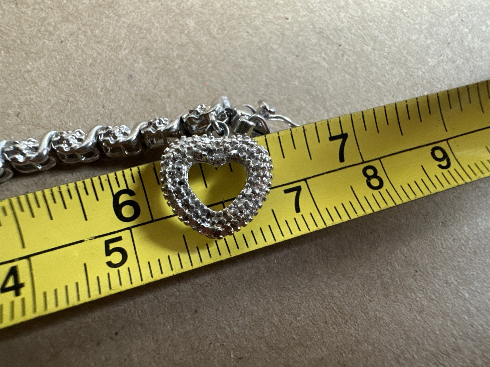 Marked 925 Platinum Over Silver Diamond Accent Tennis Bracelet w/ Heart Charm