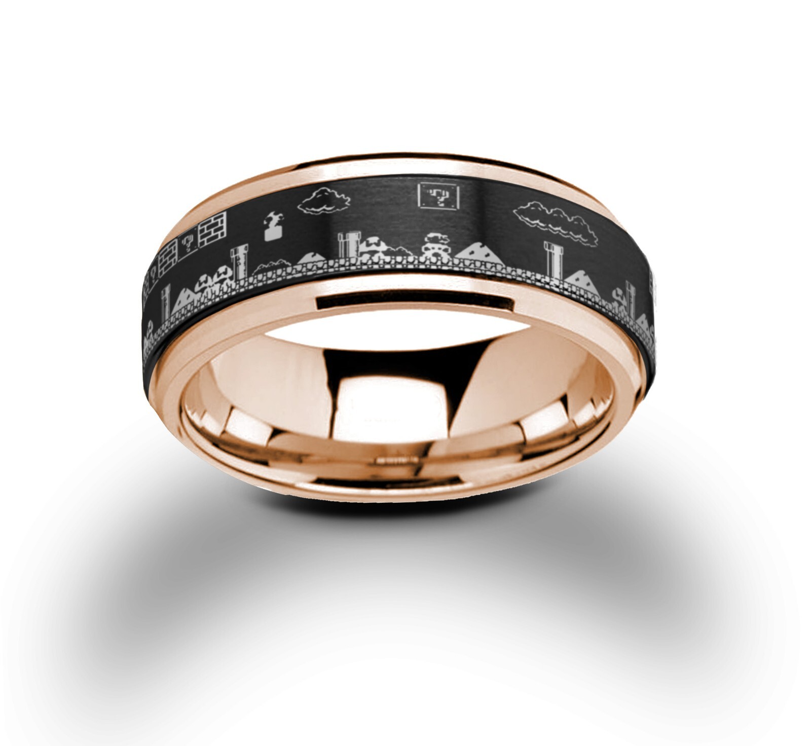 Mario Bros Video Game Spinner Ring, Tungsten Carbide Wedding Ring 8mm
