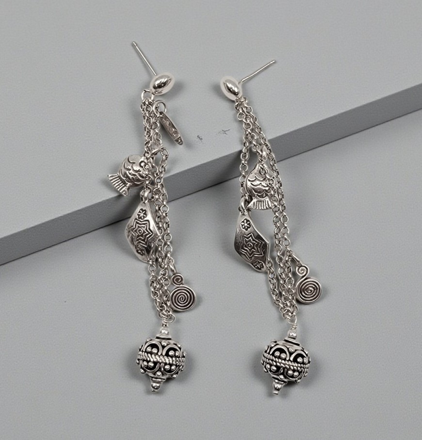 ​Vtg Misteria Sterling Silver Earrings 3.25 Long Shoulder Duster Fish Charms 19g