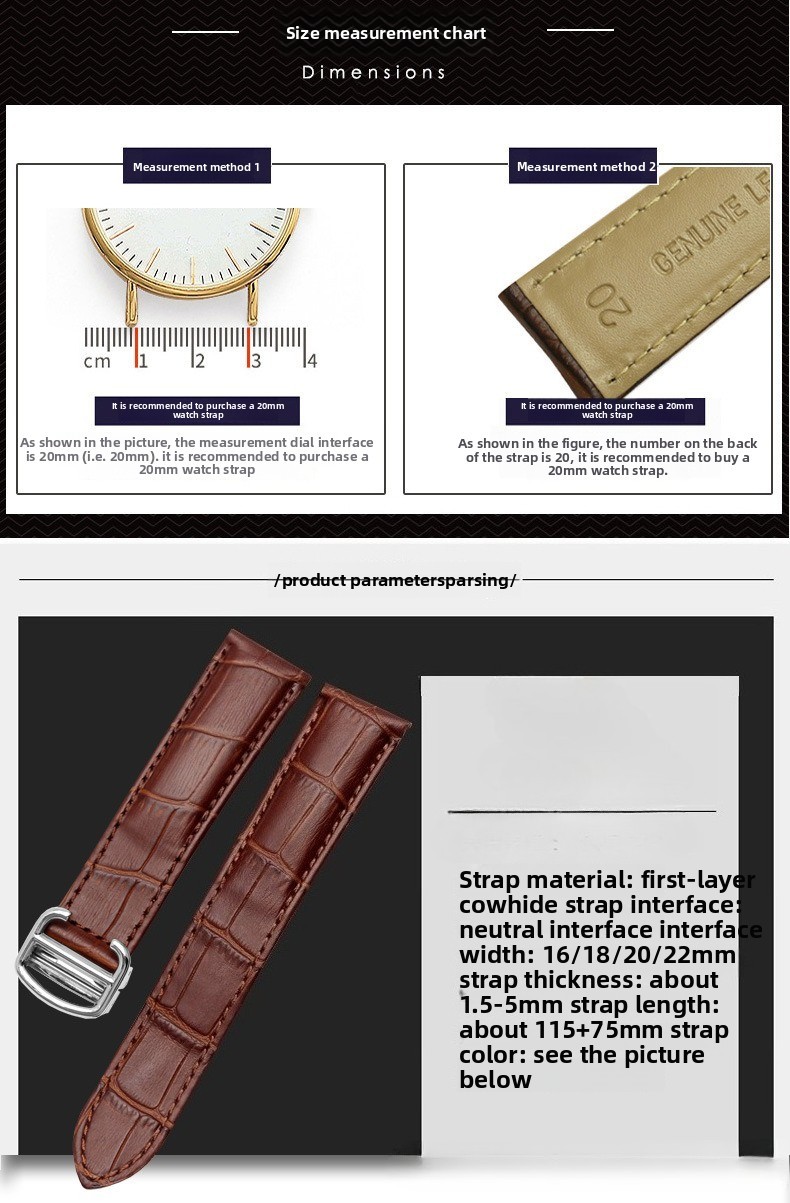 Genuine Leather Watch Band Strap Folding Clasp Wristband 16 18 20mm for Cartier