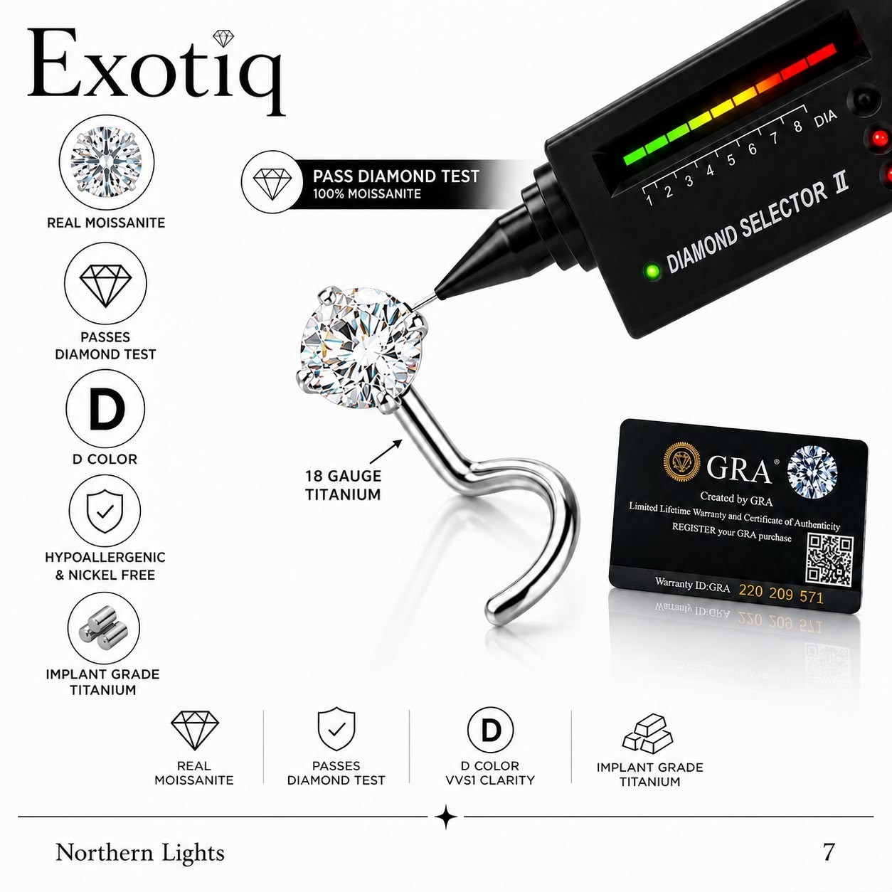 Moissanite Titanium Nose Stud Corkscrew shape 18 Gauge comes with GRA CRD