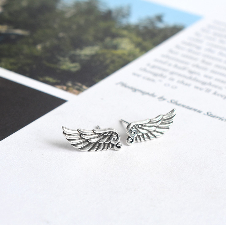 Angel Wings Feather Earrings 925 Sterling Silver Studs Retro Jewelry Gift PE41