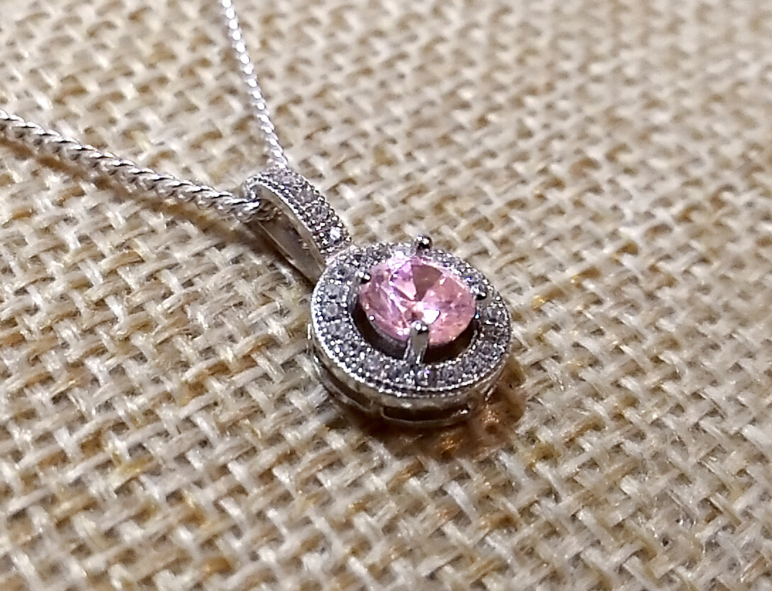 925 REAL SILVER RHODIUM PLATED *** Cubic Zirconia Pendant Rose Pink 16 mm, Chain Opt.