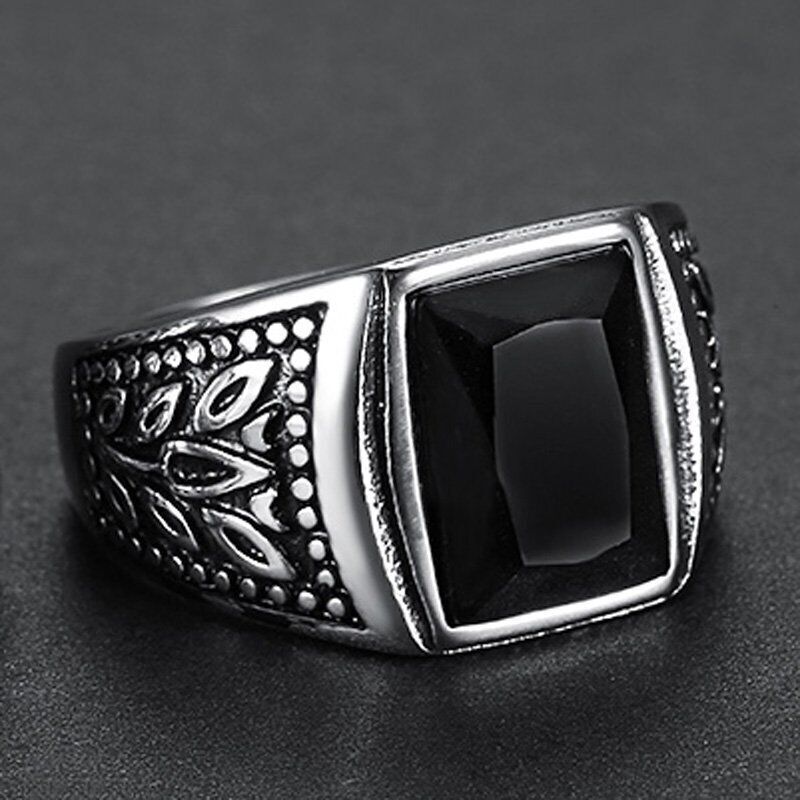 MENDEL Mens Gold Plated Stainless Steel Black Obsidian Stone Ring Men Size 7-15