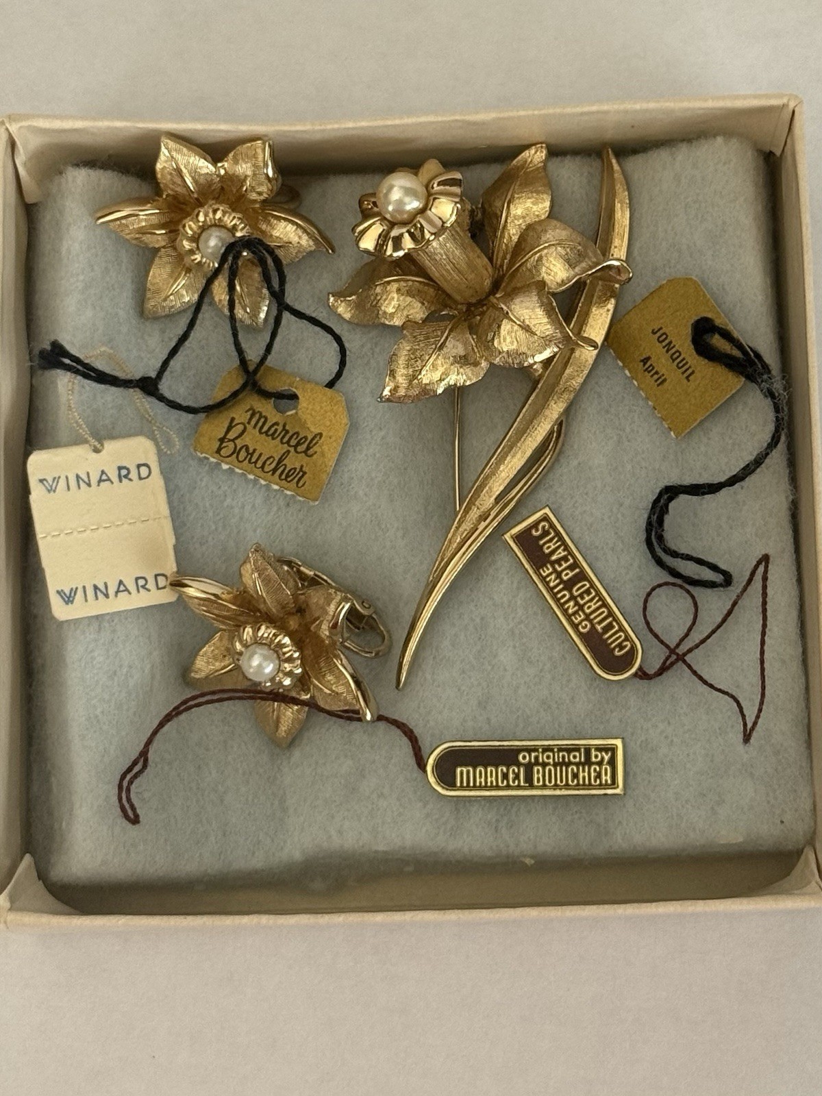 Vintage 1964 Marcel Boucher Jonquil Daffodil Brooch Earring Set Box Tags 8692