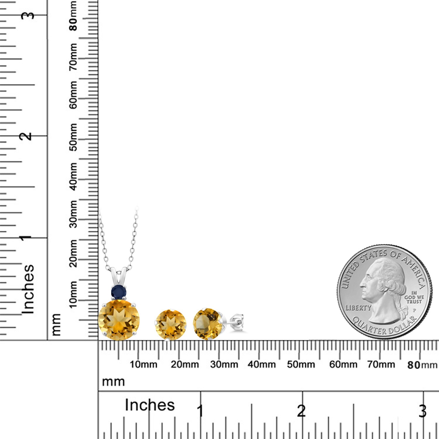 925 Sterling Silver Citrine and Sapphire Pendant and Earrings Jewelry Set For