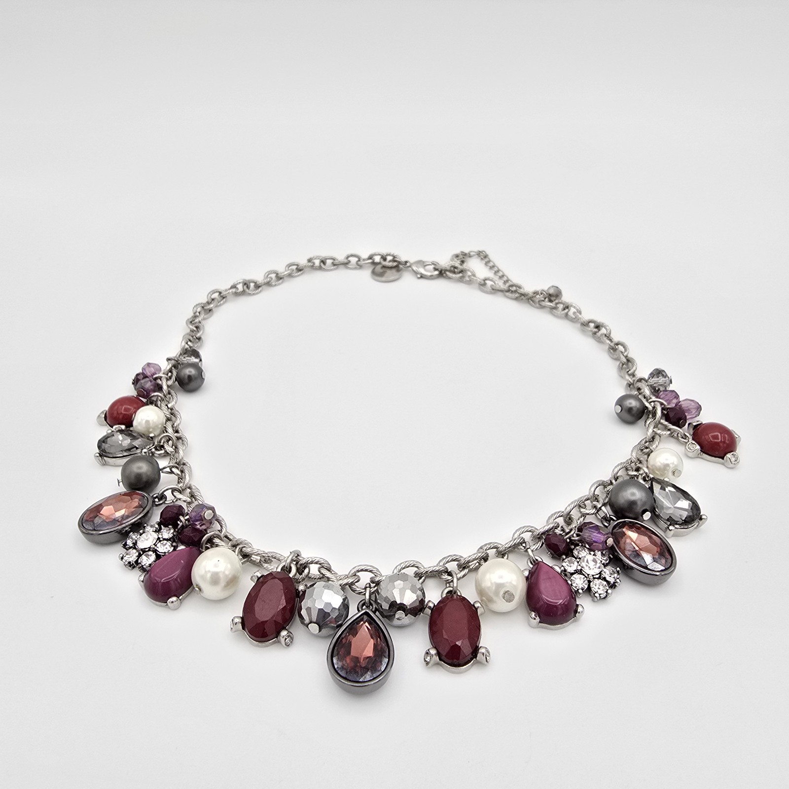 White House Black Market Red Rhinestone & Faux Pearl Necklace Purple Gray White