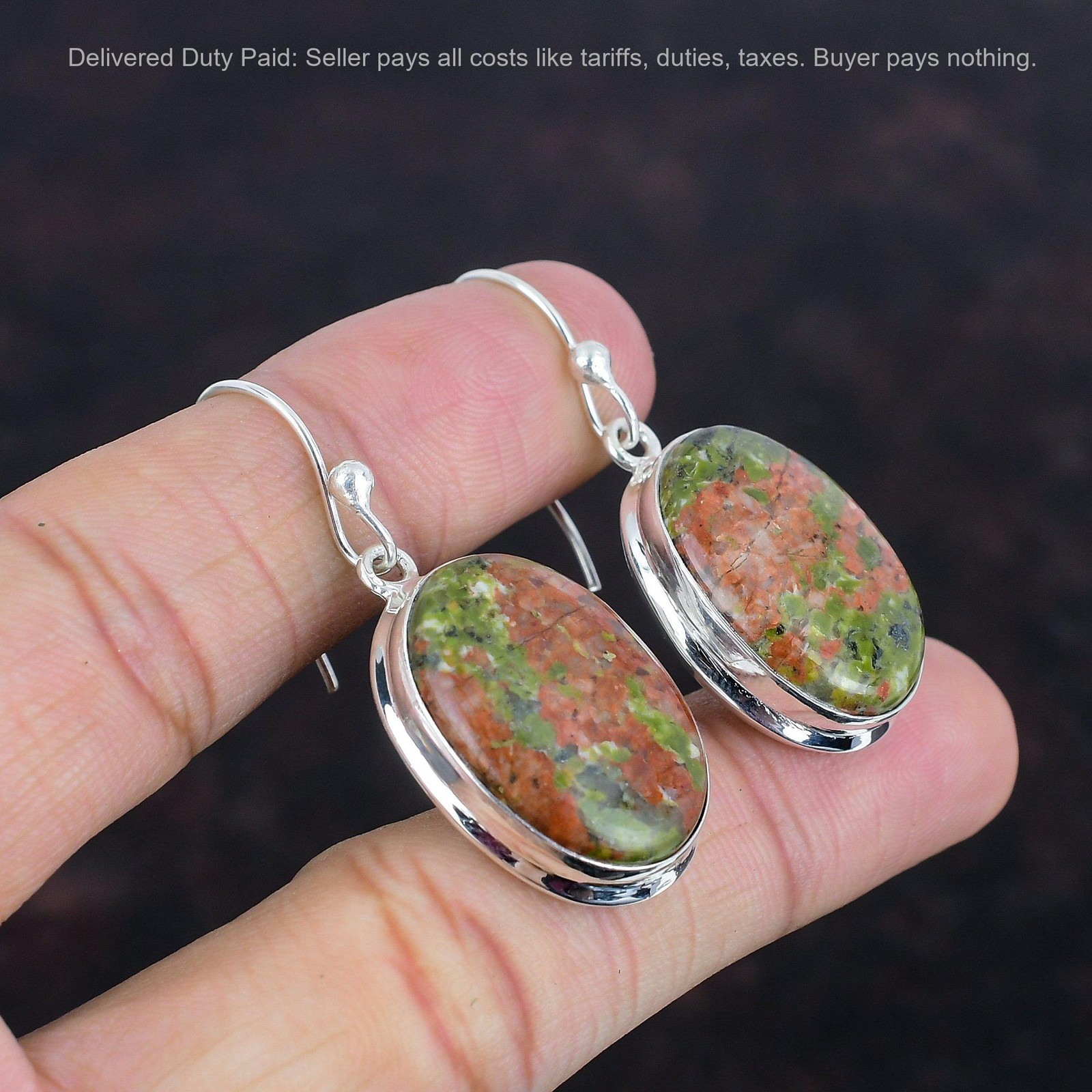 Heart Chakra Natural Unakite Sterling Silver Hook Bezel Drop Artisan Earrings