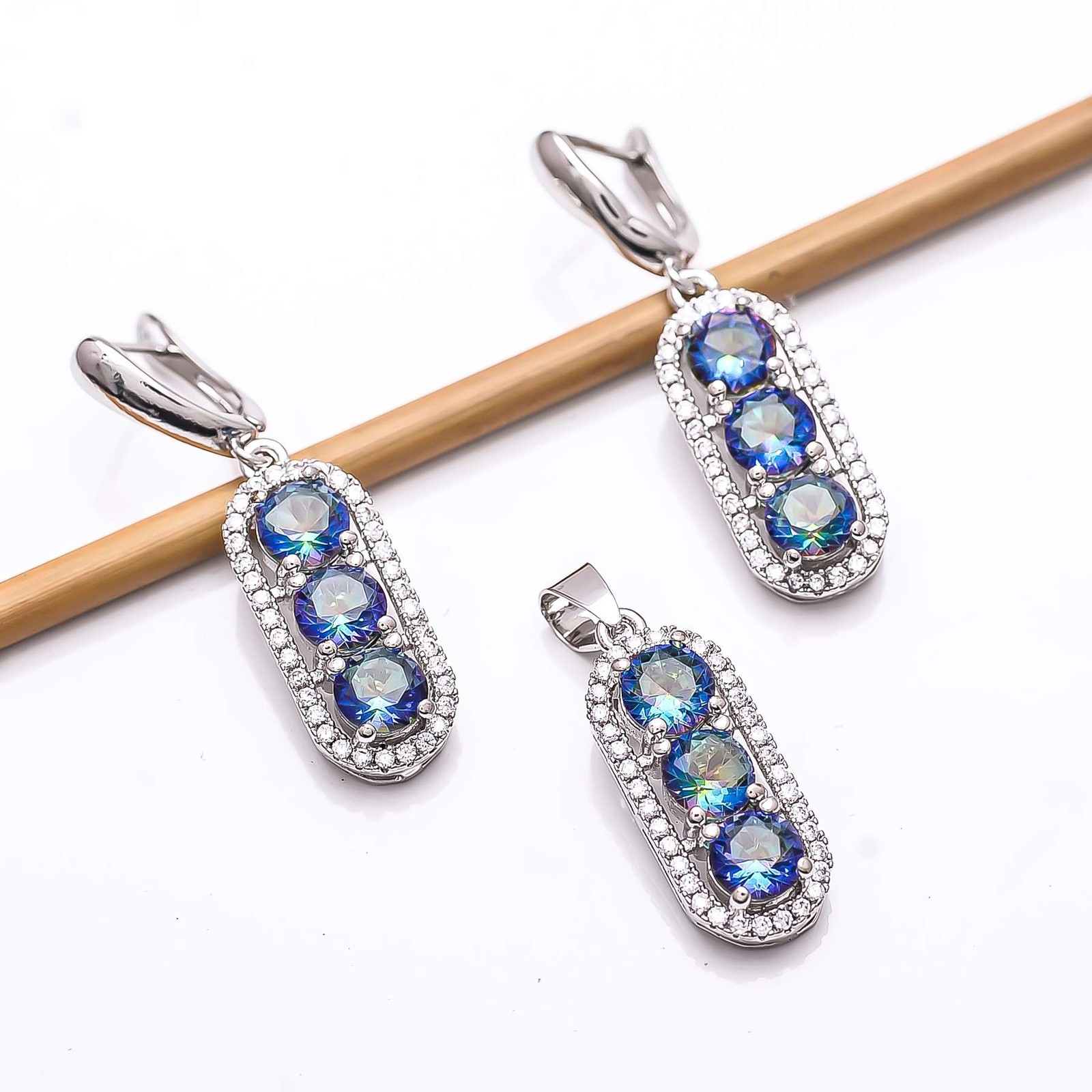 Blue Rainbow Mystic Fire Topaz & CZ 925 Silver Handmade Pendant Set PS8188