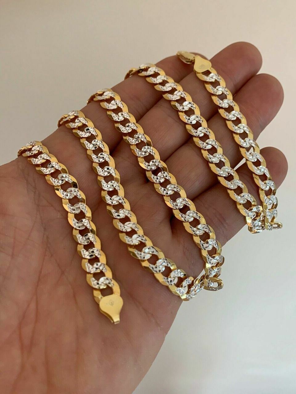 Mens Diamond Cut 8mm Cuban Chain 14k Gold Plated Solid 925 Silver Two Tone ITALY