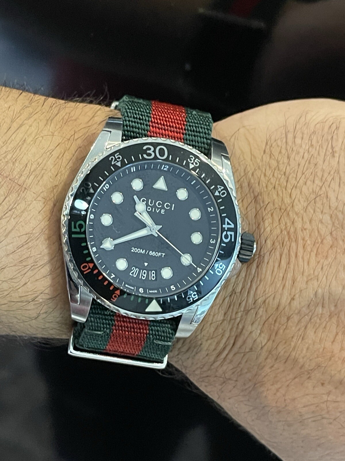 GUCCI Dive 45MM Black Matte Dial Green Red Web Nylon Watch YA136209A