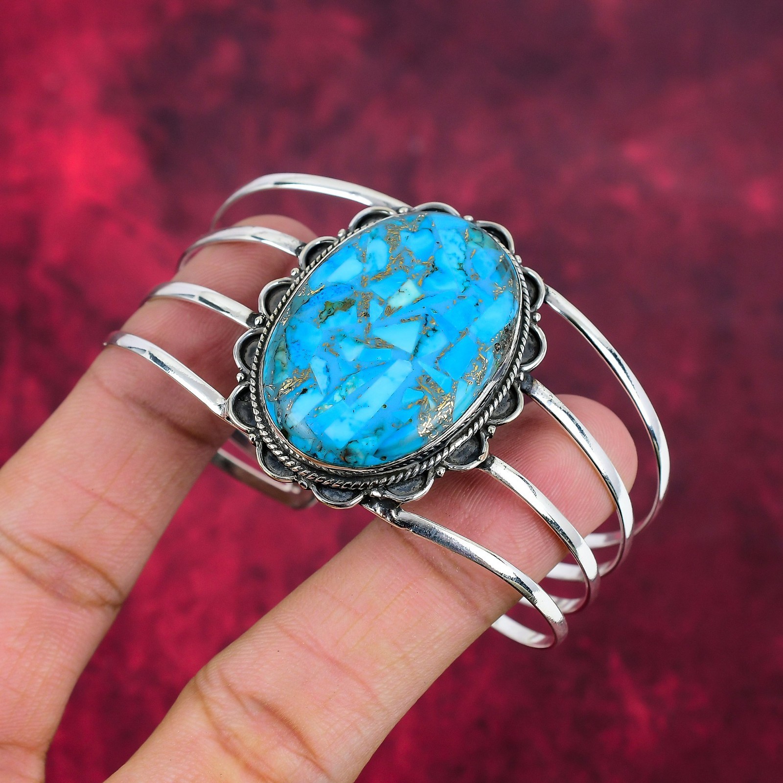 Copper Blue Turquoise Gemstone Handmade 925 Silver Adjustable Bangle Jewelry