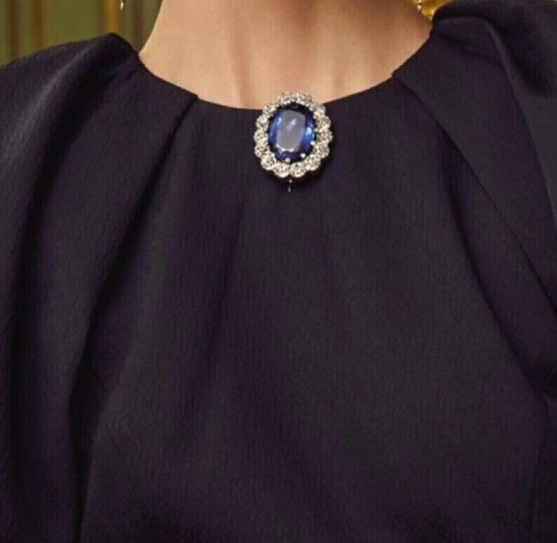 Awesome Blue Cushion Shape Lab Created Sapphire Queen Victoria Jewelry Brooch