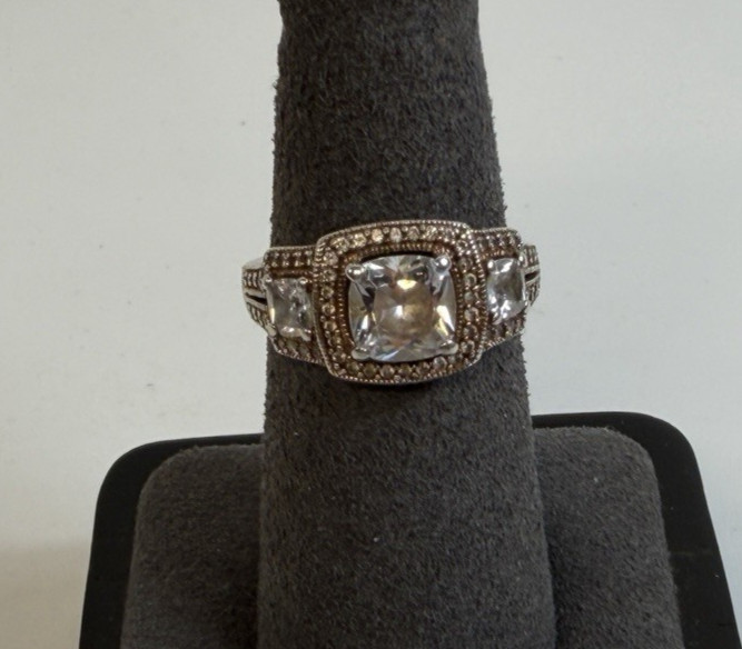 Honora 925 Sterling Silver CZ Three Stone Halo Sz 6.25 Ring Rose Gold 4.0g