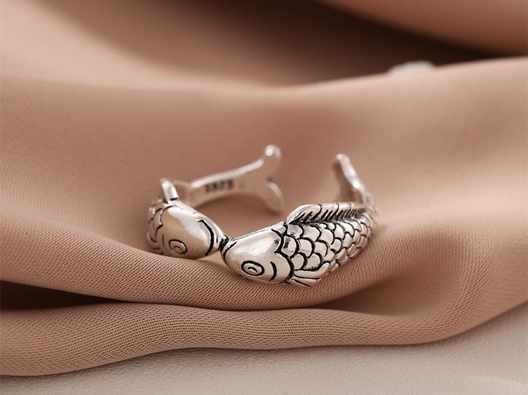 Retro 925 Sterling Silver Goldfish Open Ring Adjustable Animal Jewelry Women