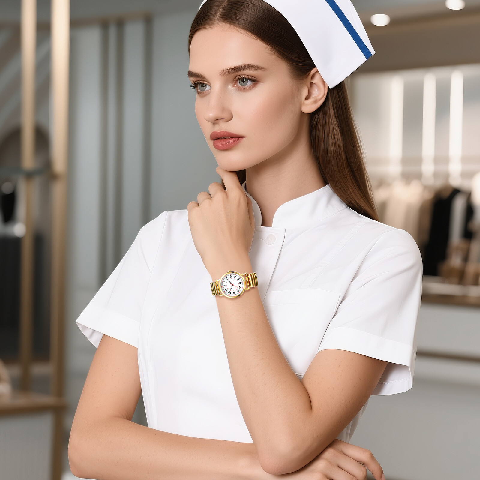 Women’s 12H/24H Big Dial Easy Reader Elastic Band Analog Quartz Cuff Wrist Watch