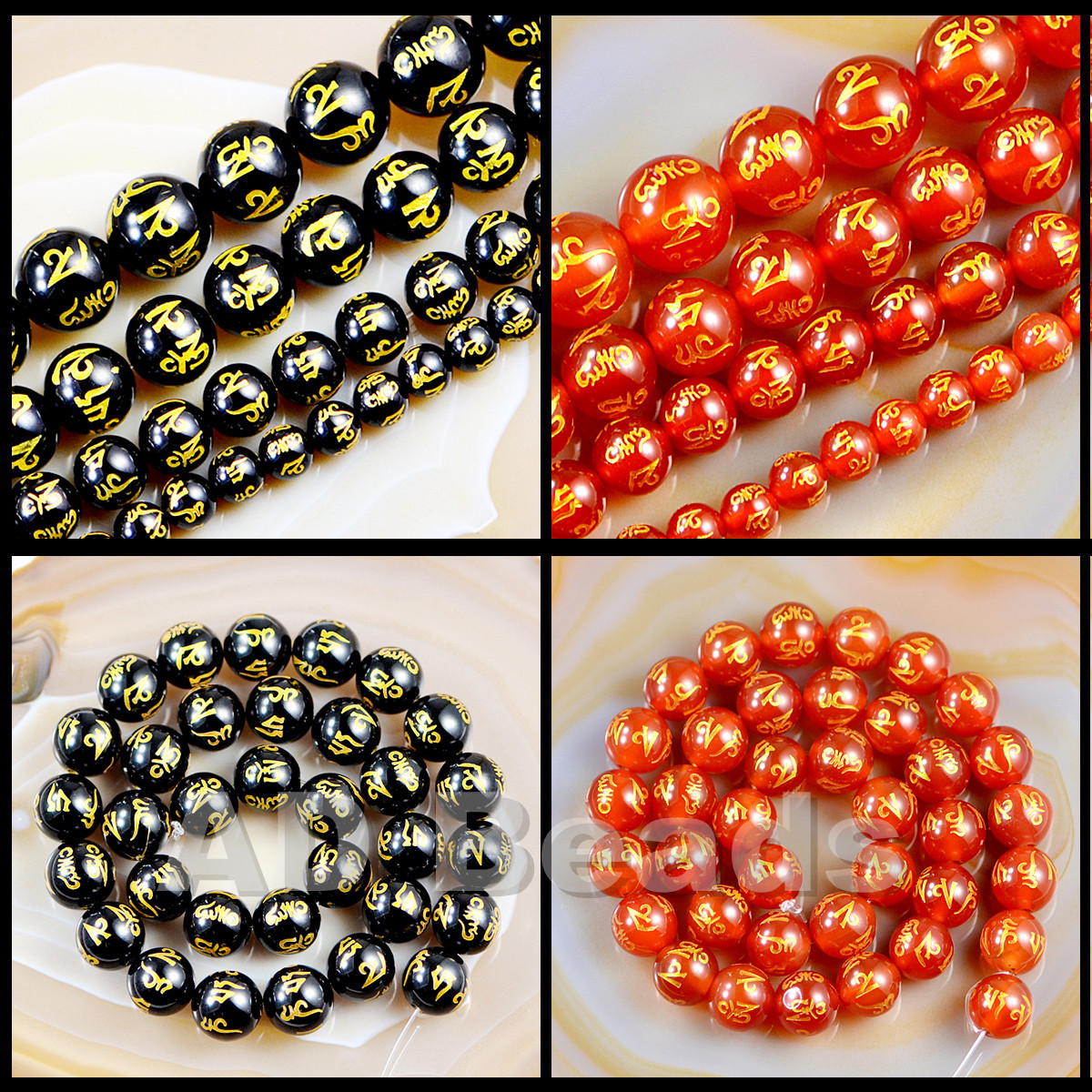 Tibetan Red & Black Agate Beads Carve Mantra om Mani Padme Hum Amulet Beads 15“