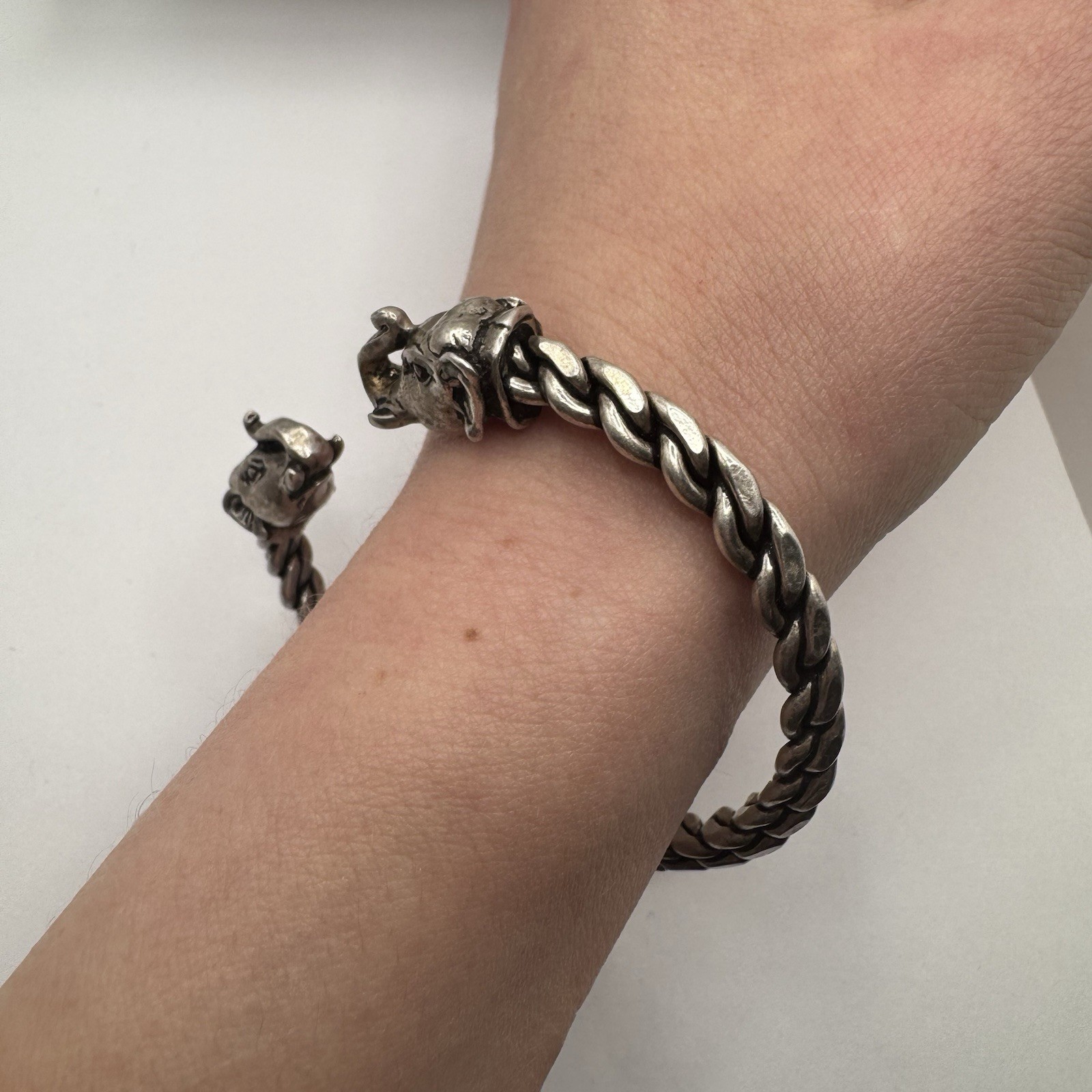 Sterling Silver Elephant Head Cuff Bracelet Open Ended Braided Bangle 39 grams
