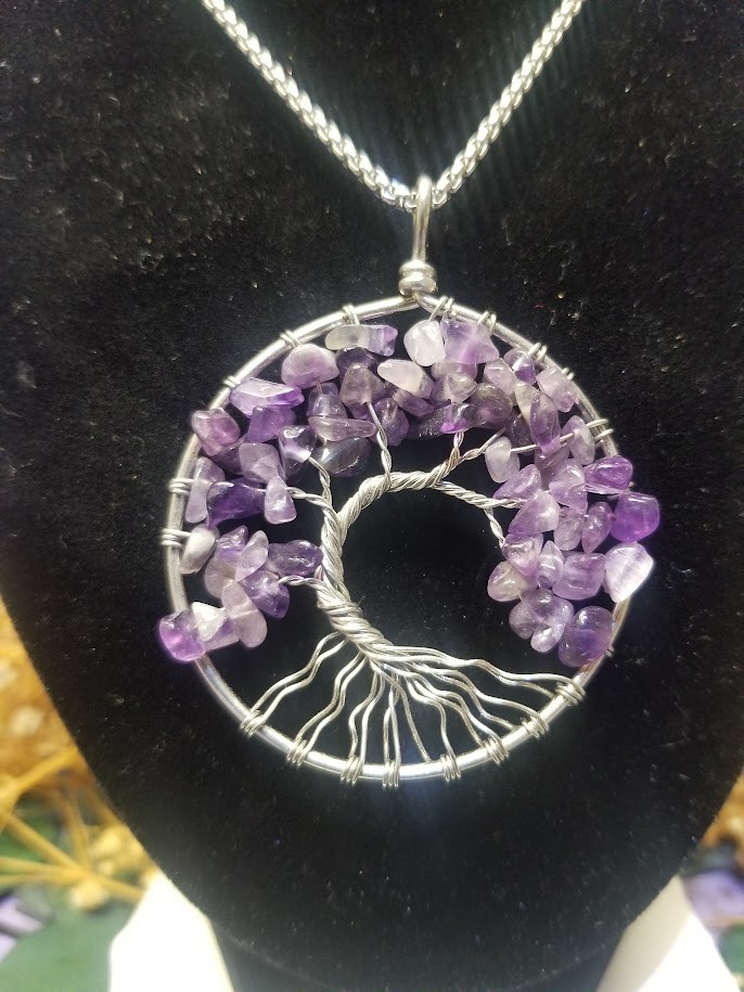 Purple Amethyst Gemstone/Stone Wire Wrapped Tree of Life Pendant Necklace