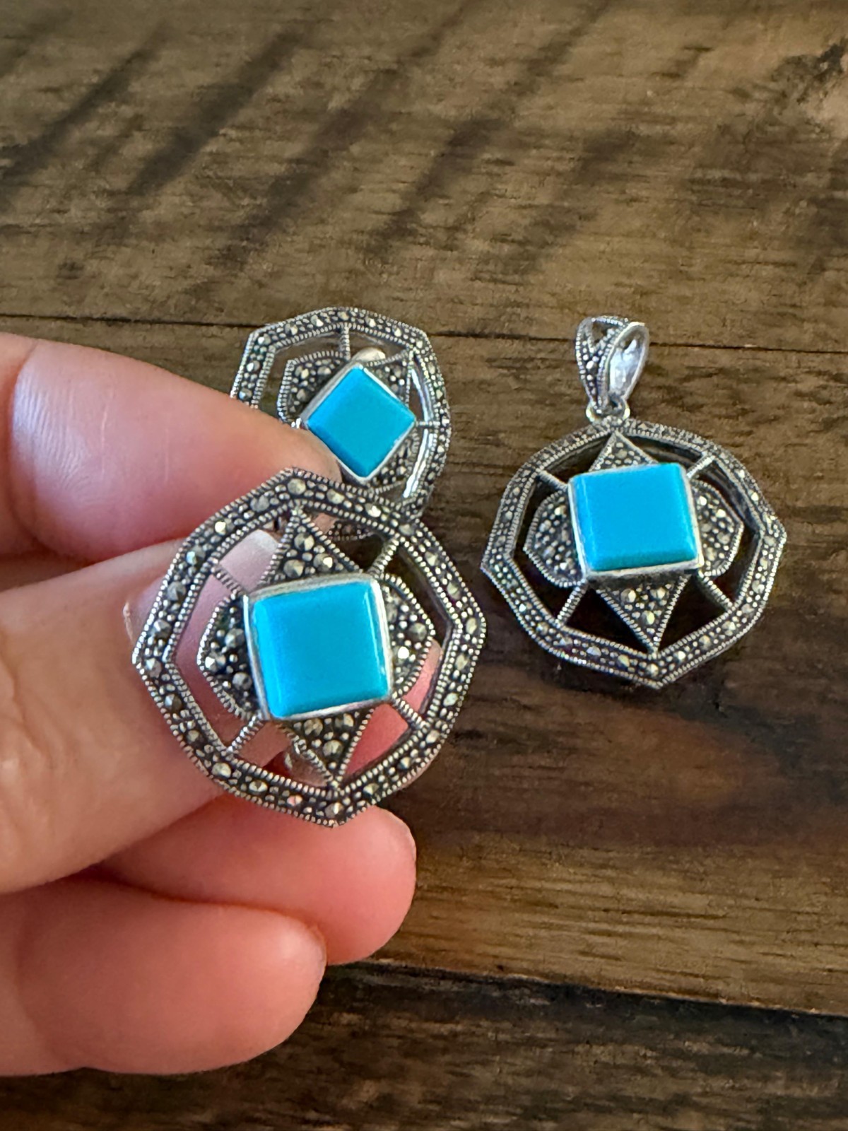 925 Starling Silver Marcasite Turquoise Earrings and Pendant Jewelery Set