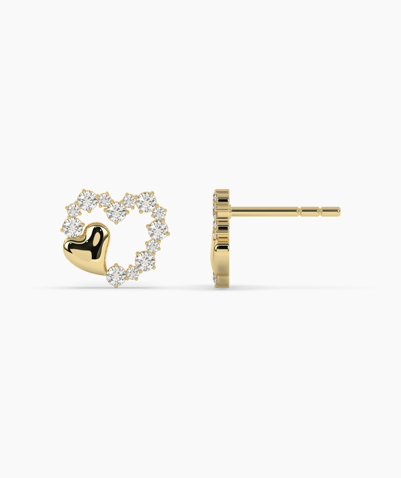 Round Cut Lab Grown Diamond 14K Gold Double Heart Diamond Stud Fine Earrings