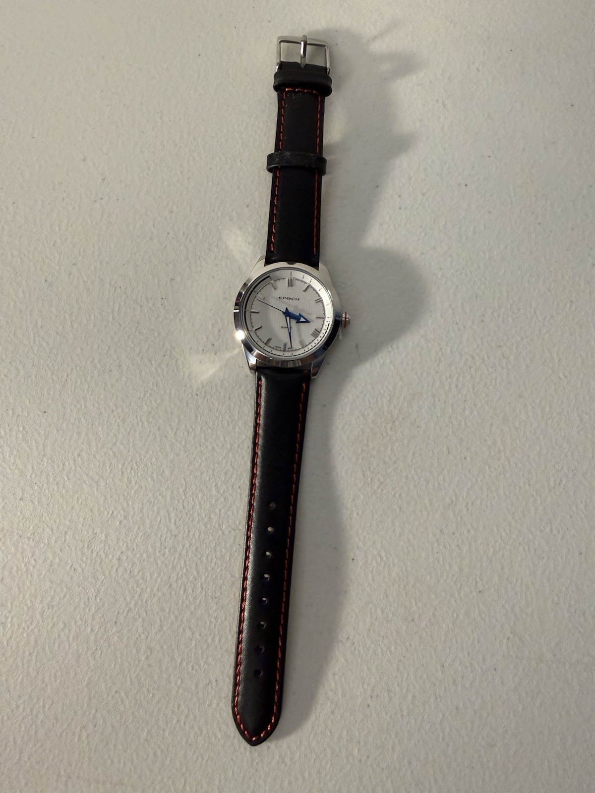 Epoch Quartz Analog Watch White Dial Black Leather Strap Silver 36-39mm New