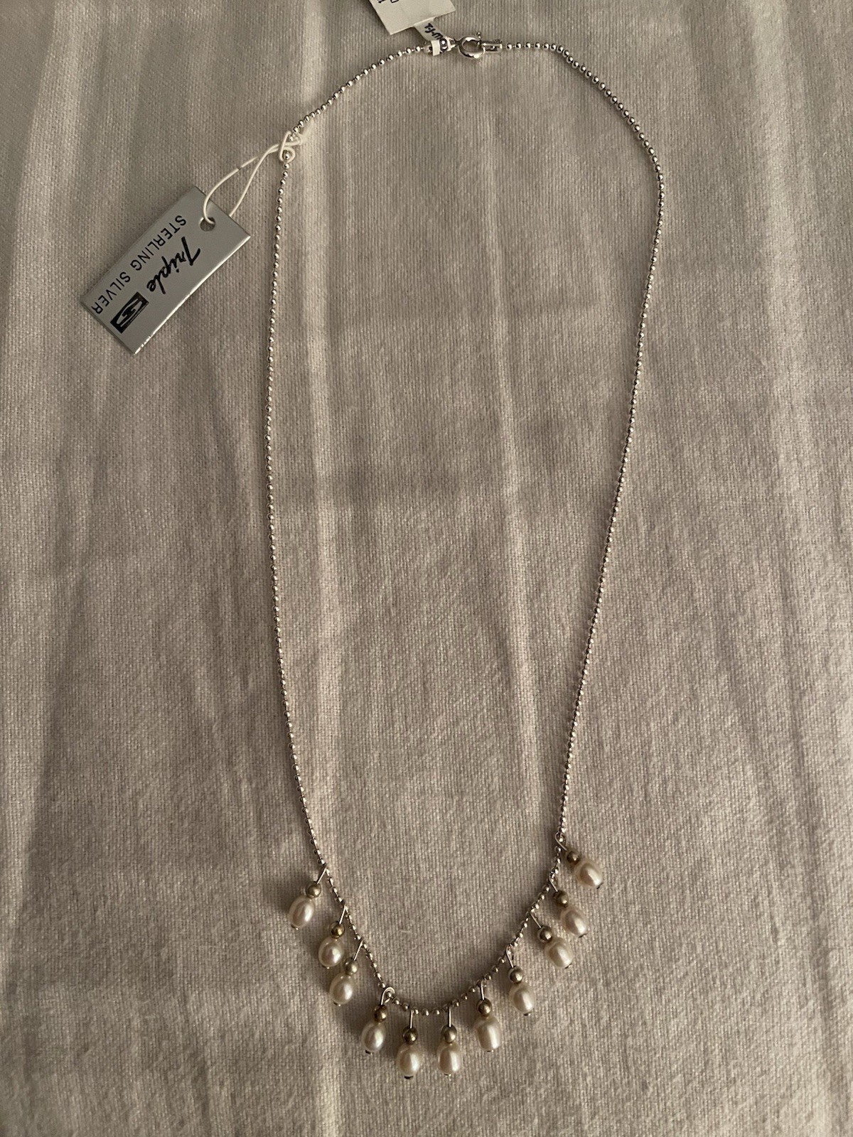 SS 925 Silver Color Beaded Necklace With Dangling Genuine Fresh Water Pearls