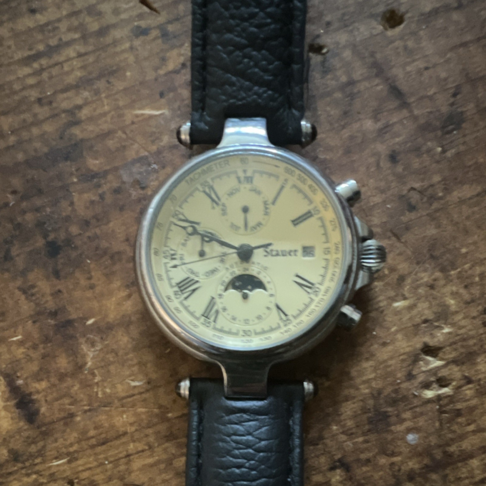 Stauer Moon Phase Tachymeter Men’s Wristwatch Black Leather Strap Silver Case