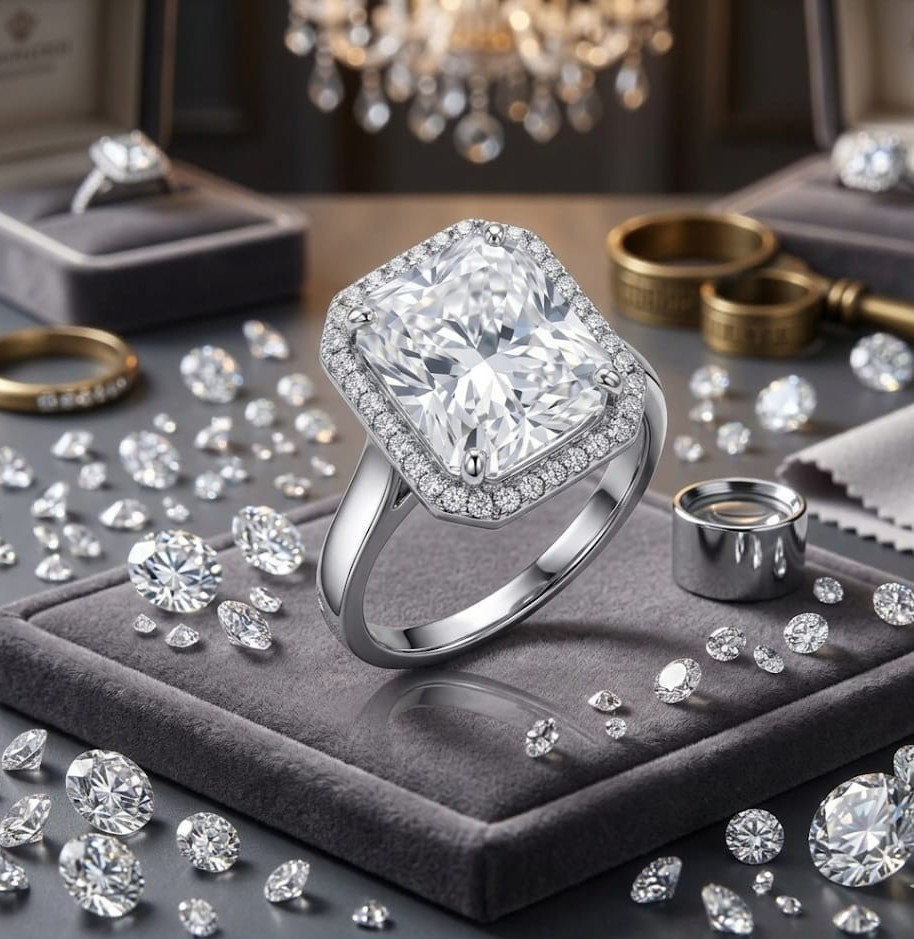 RARE 8.00 Ct Certified Radiant Cut White Natural Diamond Ring White Gold Finish