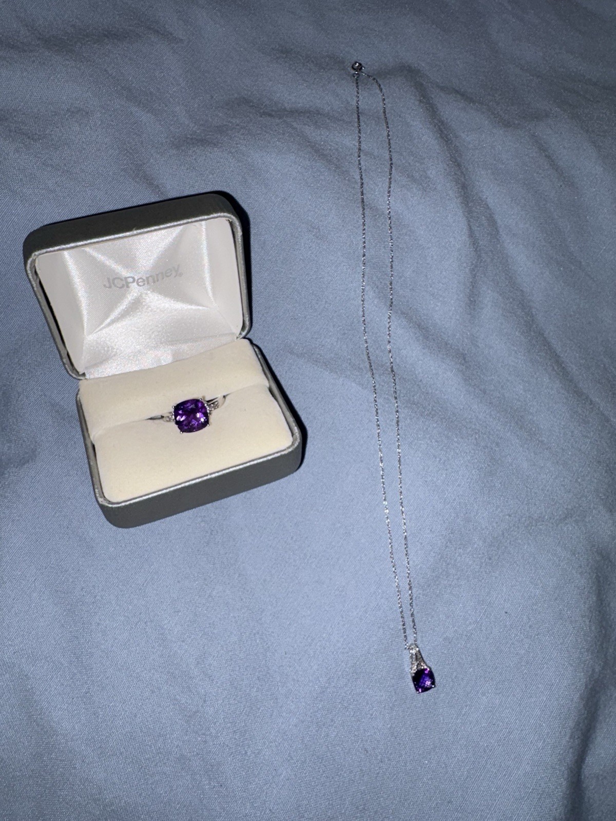 JCPenney 1Ok White Gold Amethyst & Diamond Necklace and Ring Size 7