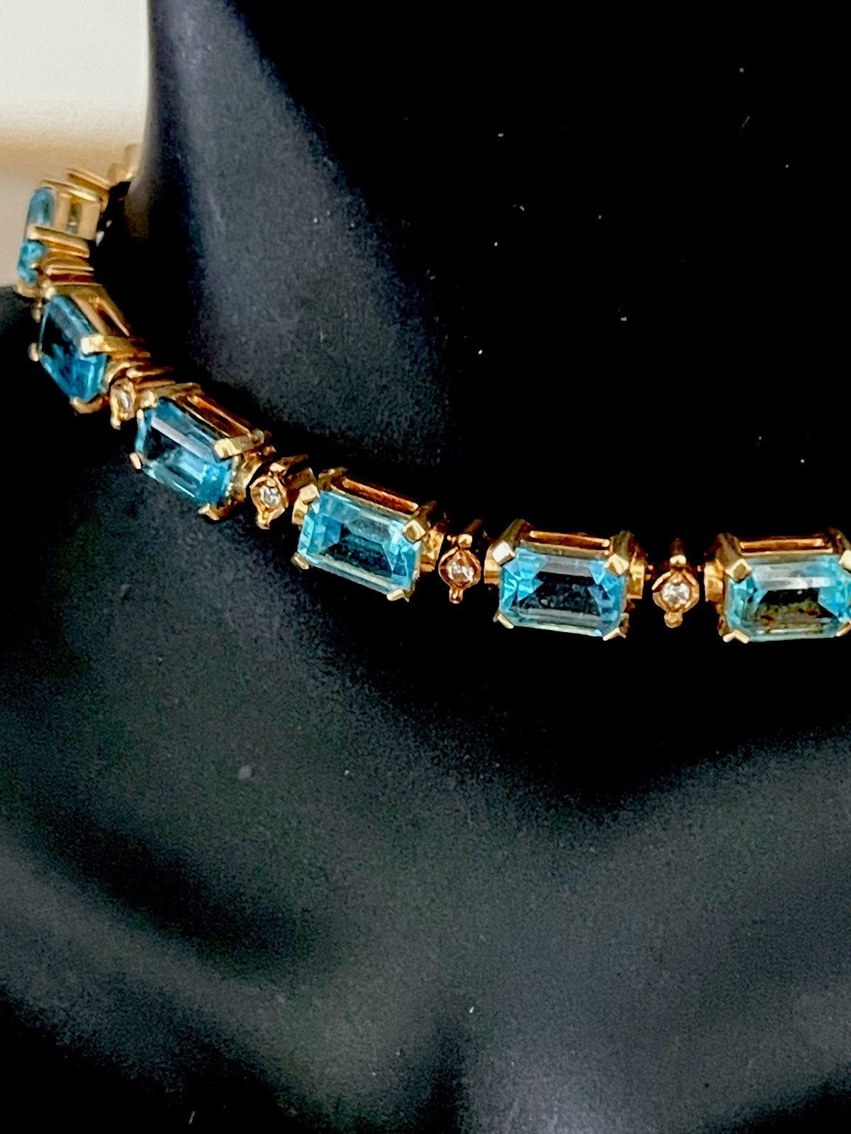 14K Yellow Gold Blue Topaz and Diamond Tennis Bracelet Safety Catch 15g