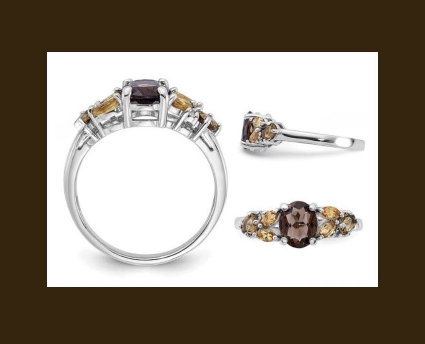 DEAL FINE 925SS Smoky Quartz Necklace, Smoky & Whiskey Quartz Citrine Ring 8 Set
