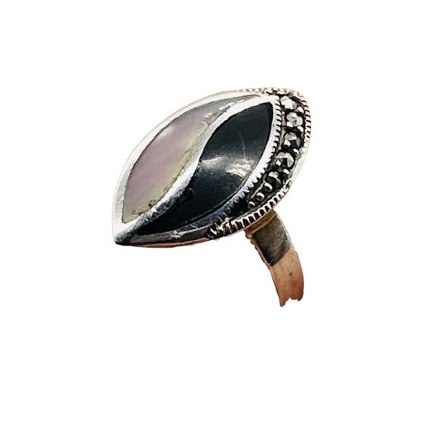 Onyx Mother of Pearl Marcasite Sterling Silver Ring | 7 | Blue, White, Silver |