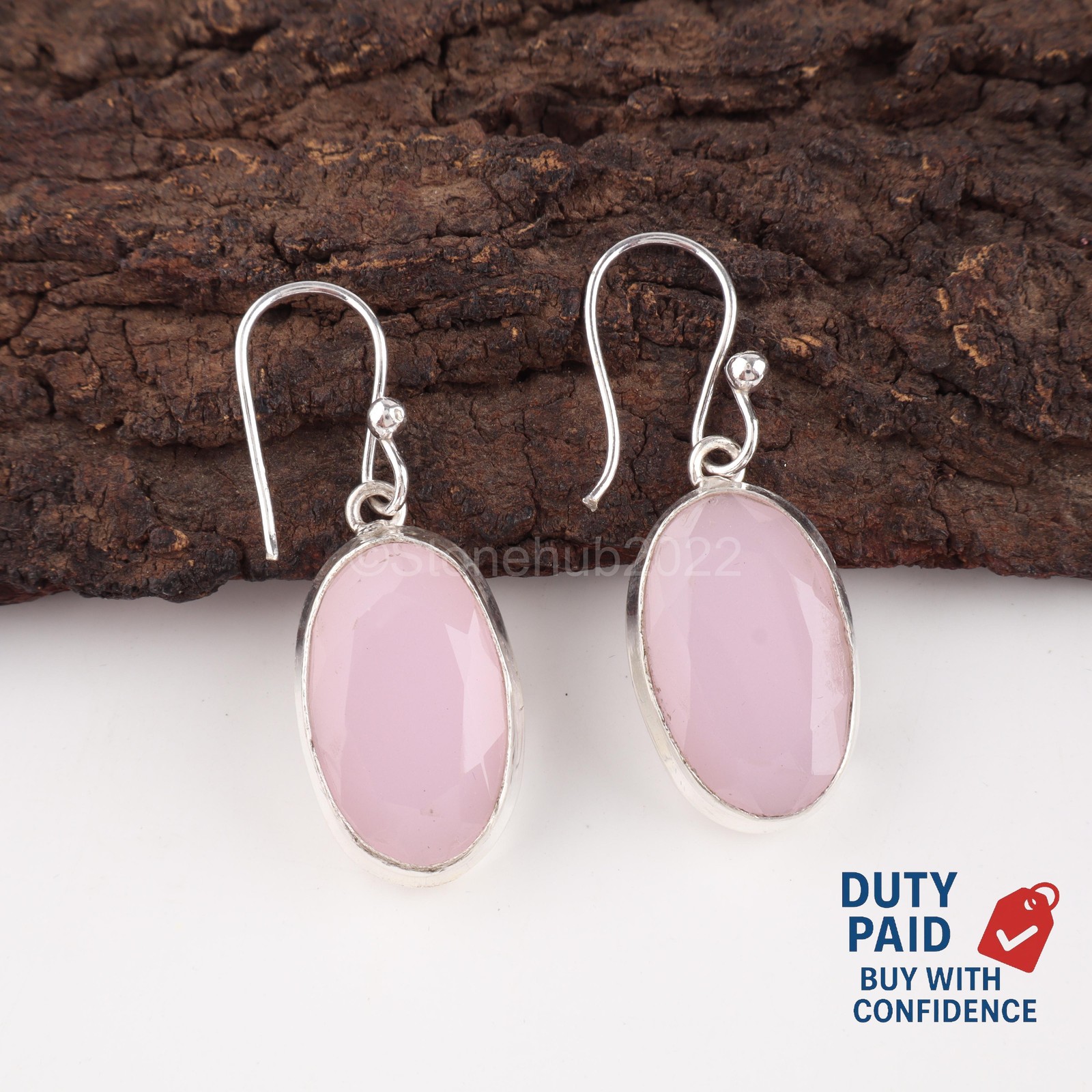 Oval Natural Pink Chalcedony Sterling Silver Sister Drop Channel Set Earrings