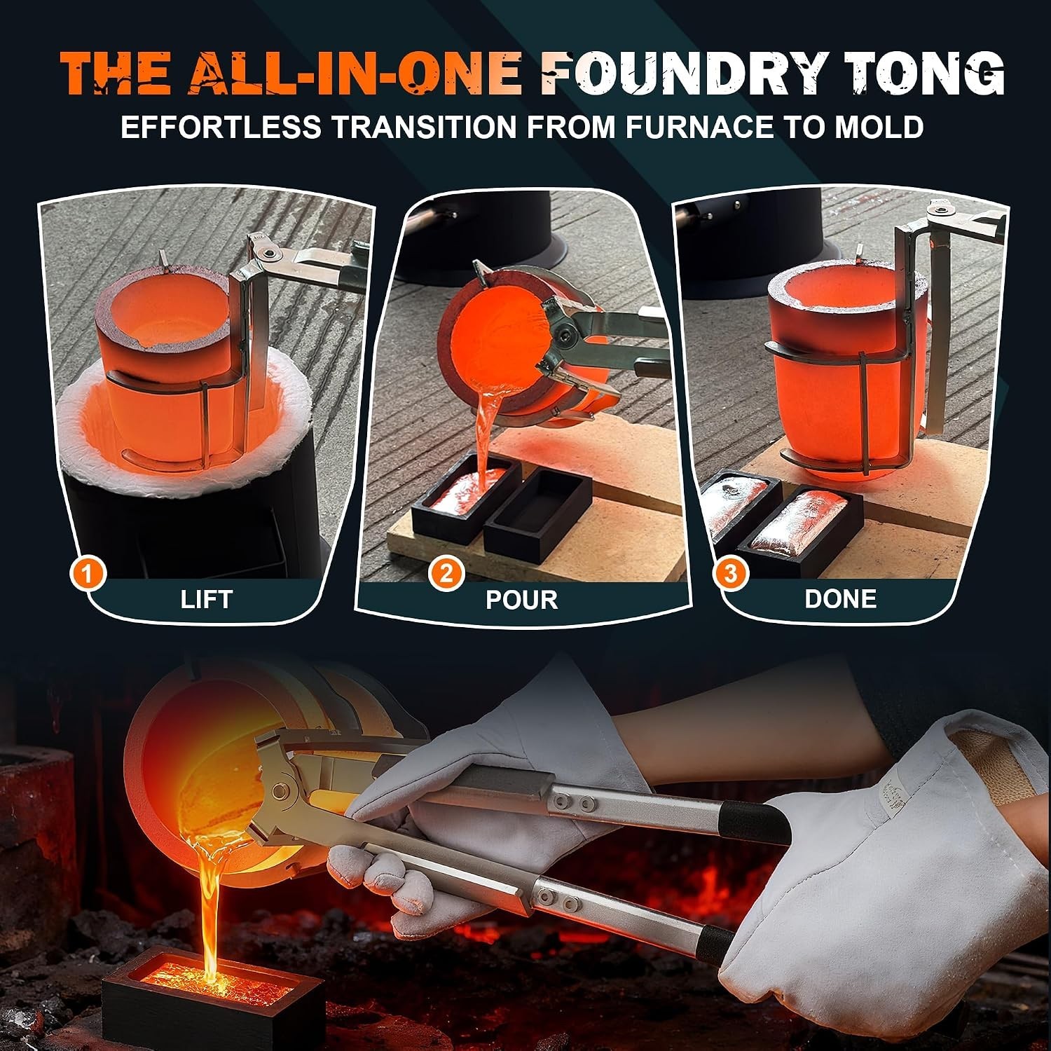 6kg Crucible Tongs Set for Melting & Tong Tong w/ Spouted Graphite Crucible, Ing
