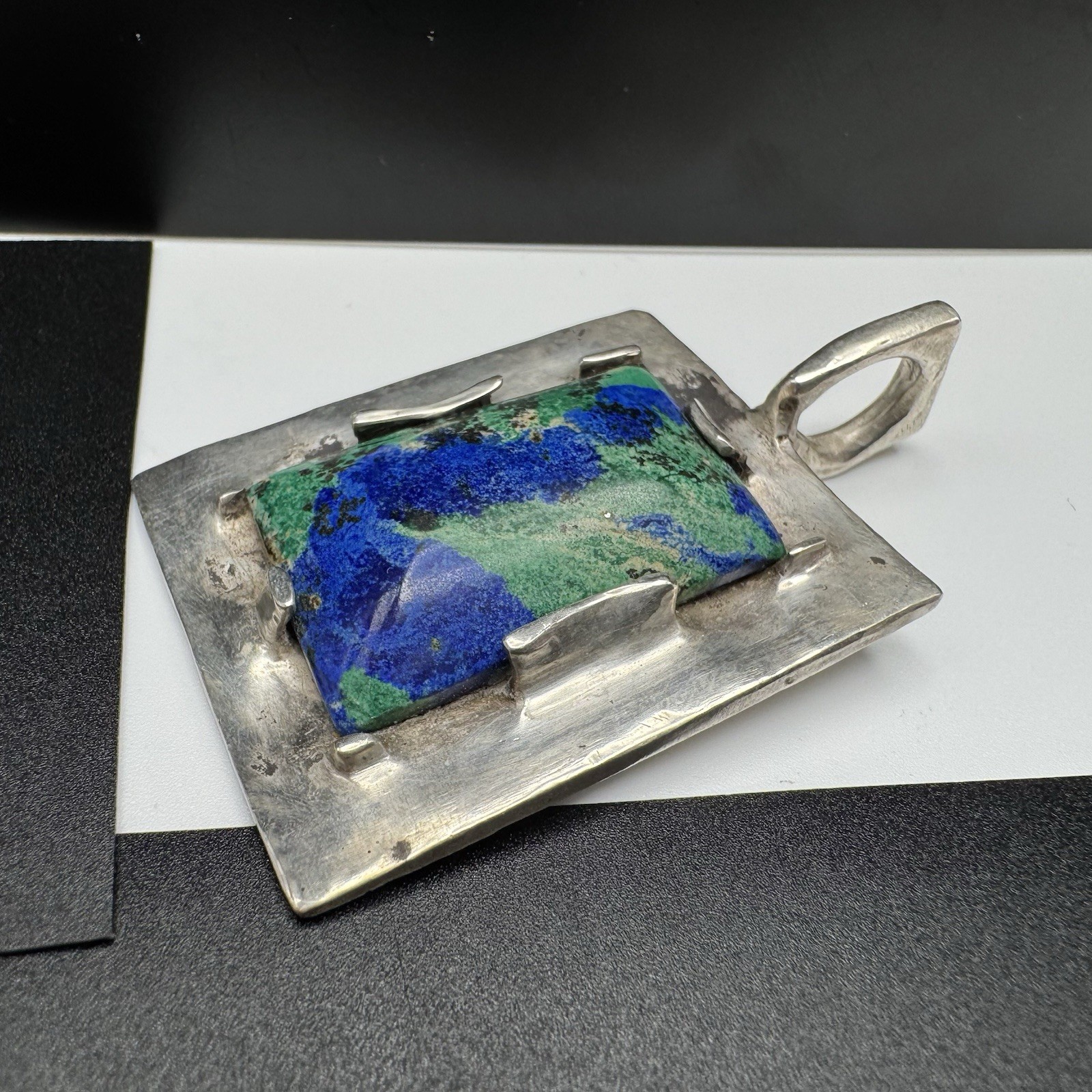 Artisan Sterling Silver Pendant Azurite Malachite 2 3/8″ x 1 1/8″ 40.0g
