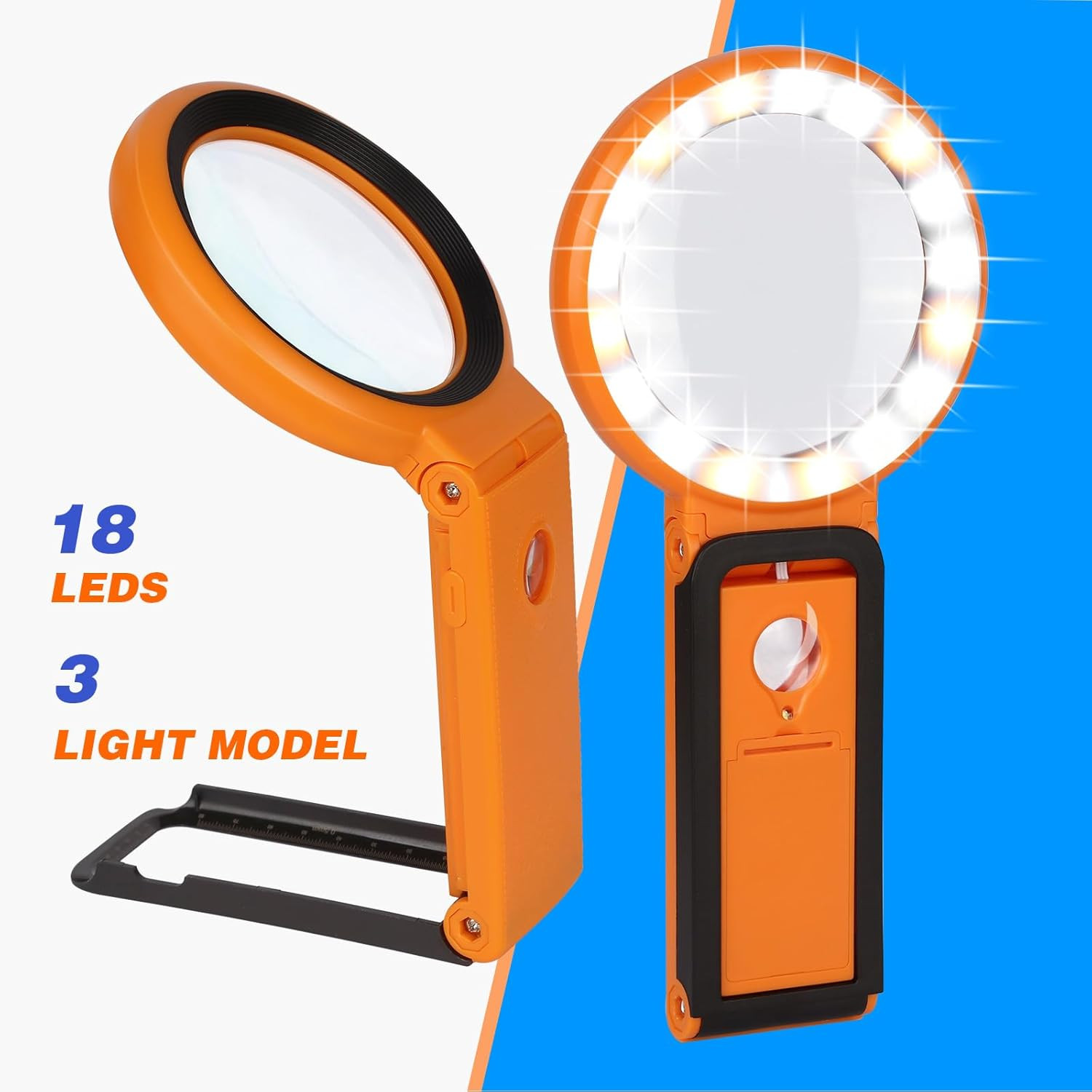Magnifying Glass with Light and Stand, Foldable Handheld Magnifying Glass 18 LED
